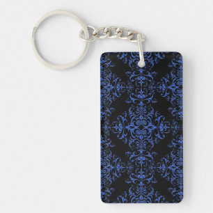 Elegantes Blau- und Schwarz-Floral Damask Style Mu Schlüsselanhänger