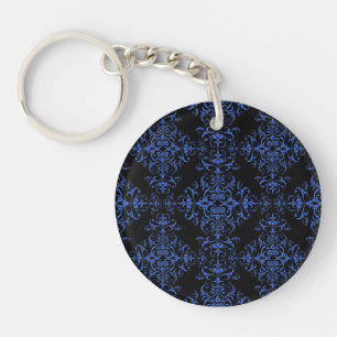 Elegantes Blau- und Schwarz-Floral Damask Style Mu Schlüsselanhänger