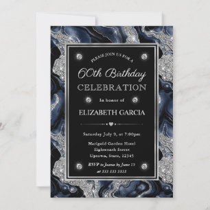 Elegantes Blau und Silber Glitter-Achat 60. Geburt Einladung