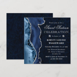 Elegantes Blau- und Silber-Glitter-Achat Sweet Six Einladung