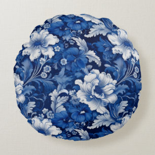 Elegantes Blau und Vintage Blüten Rundes Kissen