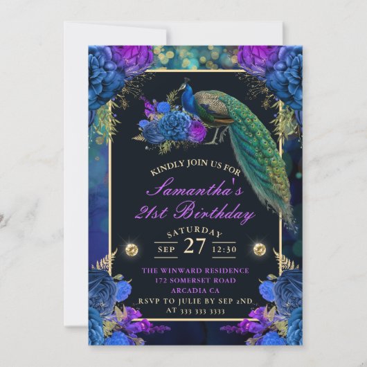 Elegantes Blau und violette Blumen Pfau Geburtstag Einladung (Vorderseite)