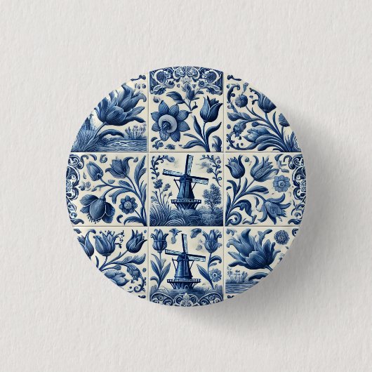 Elegantes Blau und Weiß Delft Tile Button (Vorderseite)