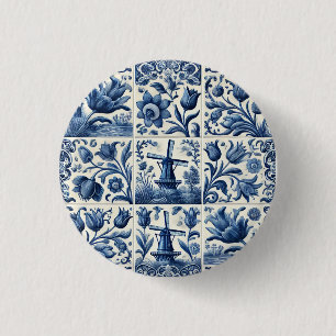 Elegantes Blau und Weiß Delft Tile Button