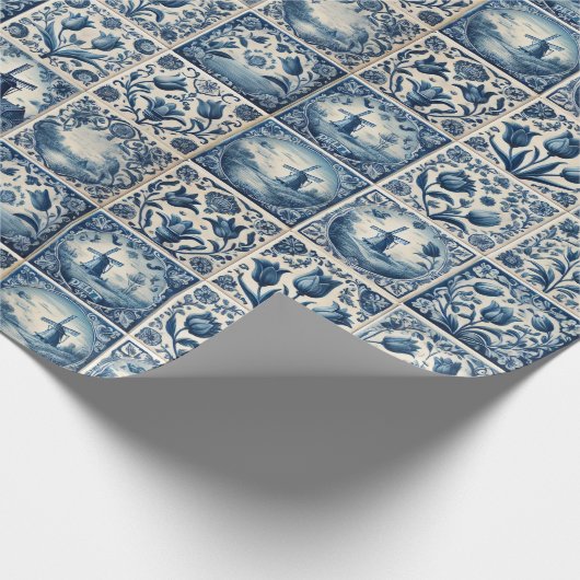 Elegantes Blau und Weiß Delft Tiles Geschenkpapier (Ecke)