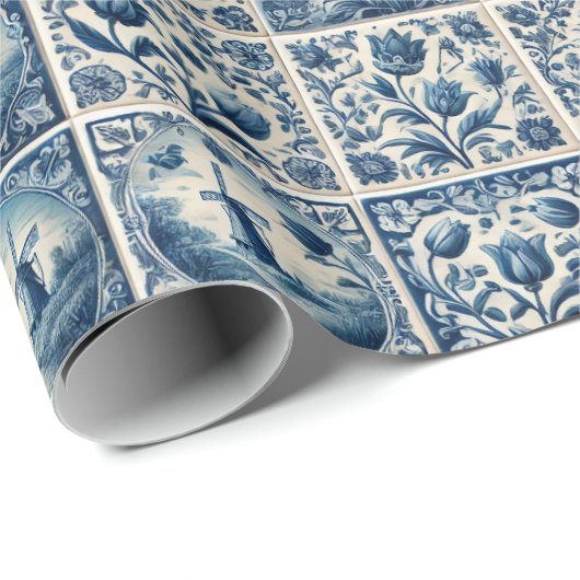 Elegantes Blau und Weiß Delft Tiles Geschenkpapier (Rolleneckpunkt)