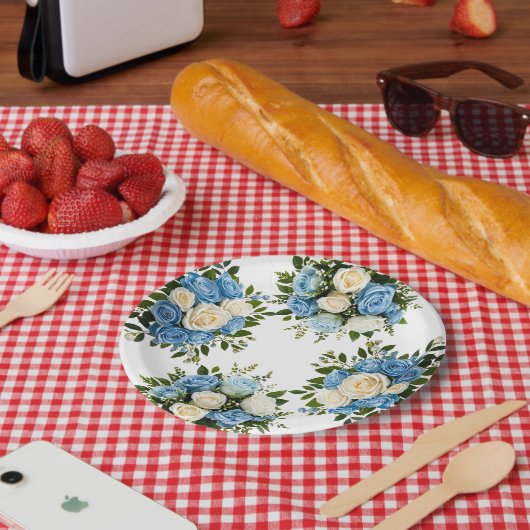 Elegantes Blau und Weiße Blüte Pappteller (Picknick)