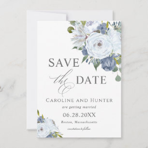Elegantes Blau und Weiße Blüten Save the Date