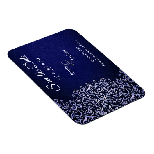 Elegantes Blau und Weiße Damaske Save the Date Magnet (Rechte Seite)