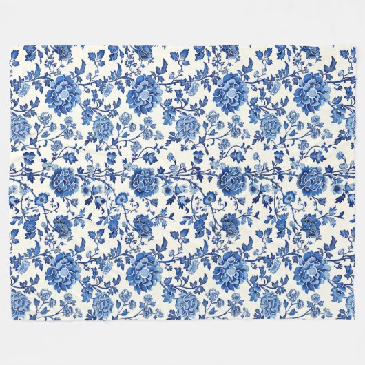 Elegantes Blau und Weiße Flora Chinoiserie Fleecedecke (Vorderseite (Horizontal))