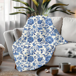 Elegantes Blau und Weiße Flora Chinoiserie Fleecedecke