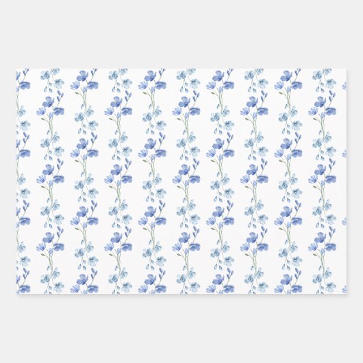 Elegantes Blau und Weiße Wildblume Wasserfarbe Geschenkpapier Set (Vorderseite)