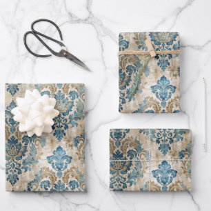 Elegantes Blau Vintage Blau Beige Geschenkpapier Set
