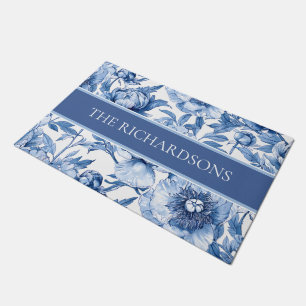Elegantes Blau-Weiß-Blumen-Blumenmuster Fußmatte