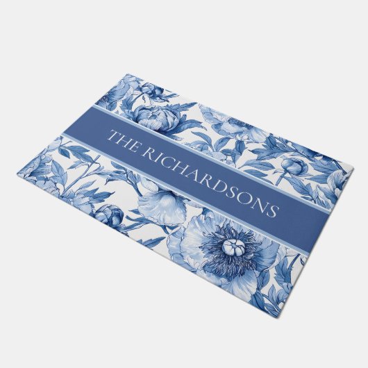 Elegantes Blau-Weiß-Blumen-Blumenmuster Fußmatte (Schrägansicht)