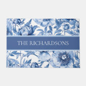 Elegantes Blau-Weiß-Blumen-Blumenmuster Fußmatte (Vorderseite)