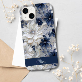 Elegantes Blau-Weiß-Blumen-Chic-Individueller Name iPhone 14 Hülle