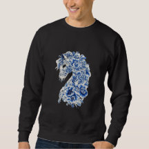 Elegantes Blau-Weiß-Blumen-Porzellan-Pferd-T-Shirt
