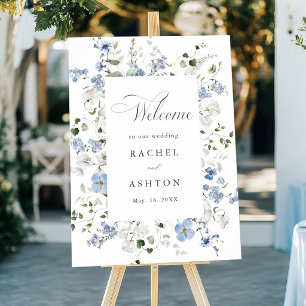 Elegantes Blau Weiß Grün Florales Hochzeits-Willko Poster