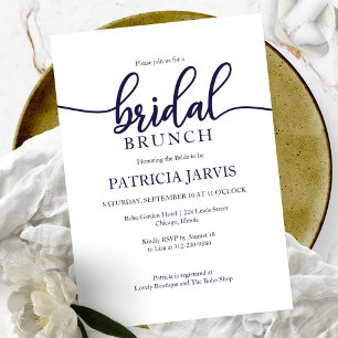 Elegantes Blau-Weiß-Kalligrafie-Bridal-Brunch Einladung