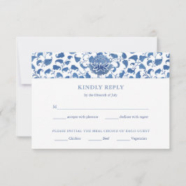 Elegantes Blau-Weiß-Menü Optionen Hochzeit RSVP Karte