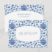 Elegantes Blau-Weiß-Menü Optionen Hochzeit RSVP Karte (Vorne/Hinten)