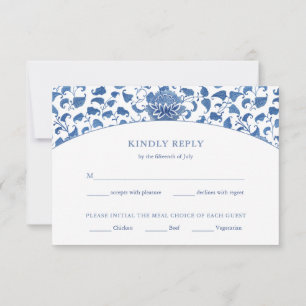 Elegantes Blau-Weiß-Menü Optionen Hochzeit RSVP Karte