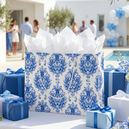 Elegantes Blau-Weiß-Mittelmeer-Damaskus-Muster Große Geschenktüte
