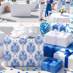 Elegantes Blau-Weiß-Mittelmeer-Damaskusmuster Geschenkpapier