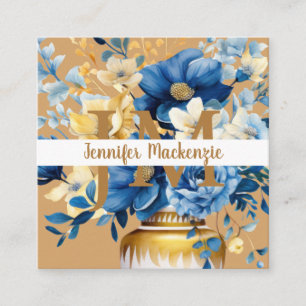 Elegantes Blau Weiß und Gold Blumenmuster Quadratische Visitenkarte