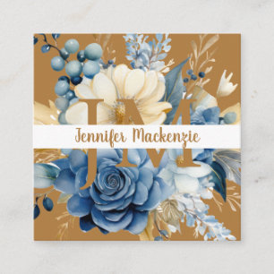 Elegantes Blau Weiß und Gold floral Quadratische Visitenkarte