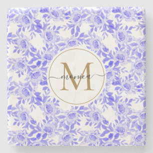 Elegantes Blau-Weiß-Wasserfarben-Blumen-Gold-Monog Steinuntersetzer
