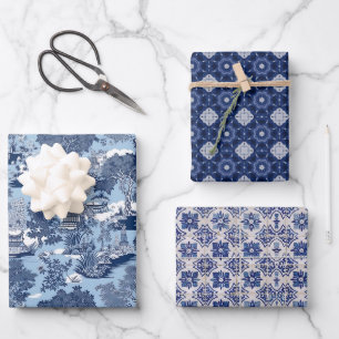 Elegantes Blau-Weiß-Weiden-Chinoiserie-Toile Geschenkpapier Set