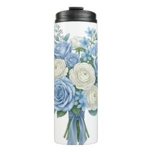 Elegantes blau-weißes Blumenbouquet-Aquarell B Thermosbecher