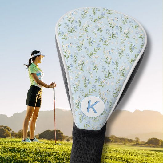 Elegantes blau-weißes Blumenmuster-Monogramm Golf Headcover