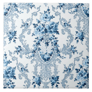 Elegantes Blau-Weißes Französisches Rokoko-Blumenm Fliese