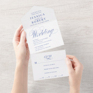 Elegantes blau-weißes Hochzeitsskript All In One Einladung