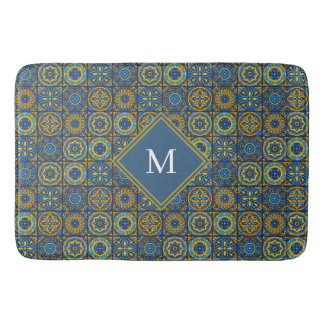 Elegantes blau-weißes marokkanisches Monogramm nac Badematte