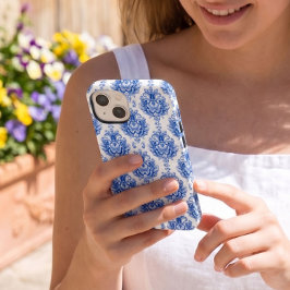 Elegantes blau-weißes mediterranes Damastmuster Case-Mate iPhone 14 Hülle