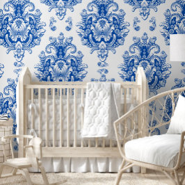 Elegantes blau-weißes mediterranes Damastmuster Tapete