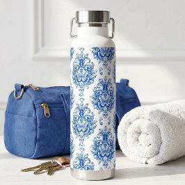 Elegantes blau-weißes mediterranes Damastmuster Trinkflasche
