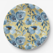Elegantes, blauer Blumen und goldenes Party Pappteller (Vorderseite)
