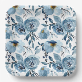 Elegantes, blauer Blumen und weißes Party Pappteller