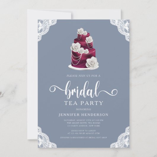 Elegantes, blauer Kuchen und Party zum Bridal Tee  Einladung (Vorderseite)