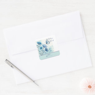 Elegantes blaues Aquarell-Natur-Blumen- & Schmette Quadratischer Aufkleber