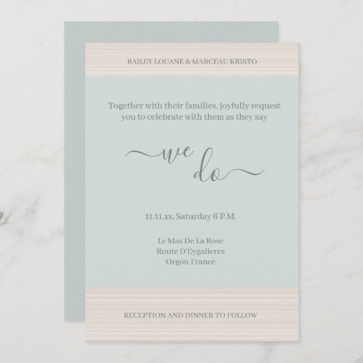 Elegantes blaues Blatt Wir tun Holzkörnchen Streif Einladung (Vorne/Hinten)