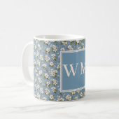 Elegantes blaues Blumen-Monogramm Kaffeetasse (Vorderseite Links)