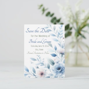 Elegantes blaues Blumen-Save-the-Date-Motiv Postkarte