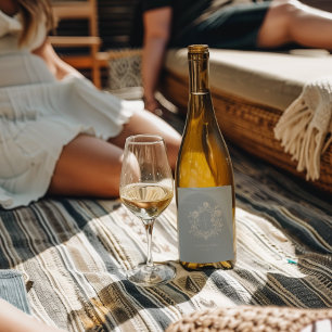 Elegantes blaues Blumen-Wappen-Monogramm Hochzeit Weinetikett