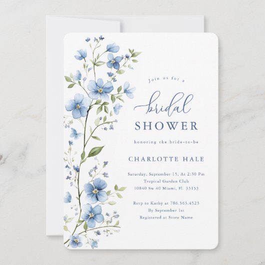 Elegantes blaues Blumen Wasserfarbenes Brautparty Einladung (Vorderseite)